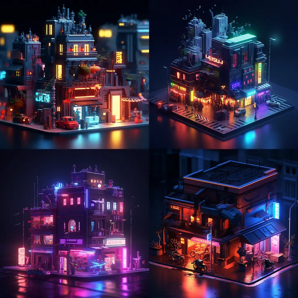3d glowing voxel diorama of cyberpunk city street